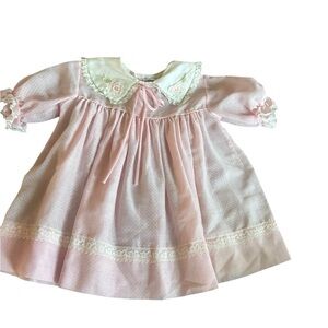 VTG 60’s Nanette Pastel Pink Swiss Dot Dress 2T Floral Appliqué Collar Lacey
